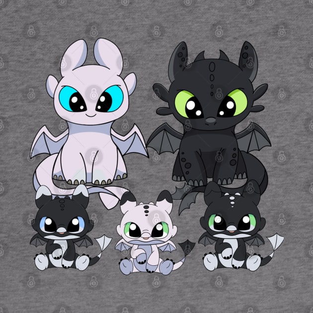 Family dragons, how to train your dragon Toothless & Light fury, night fury babies by PrimeStore